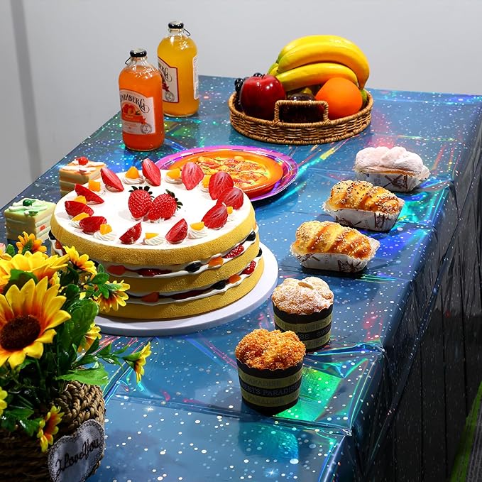 1Pcs Iridescent Space Tablecloths, Disposable Plastic Blue Galaxy Table Cloth Rectangle Table Covers for Space Starry Night Star Theme Party Birthday Party Decorations, 54x108 Inch