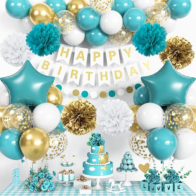 Teal & Gold Birthday Decorations - Turquoise Blue White Gold Balloons, Happy Birthday Banner, Foil Balloons, Aqua Pom Poms for Women & Girls Parties