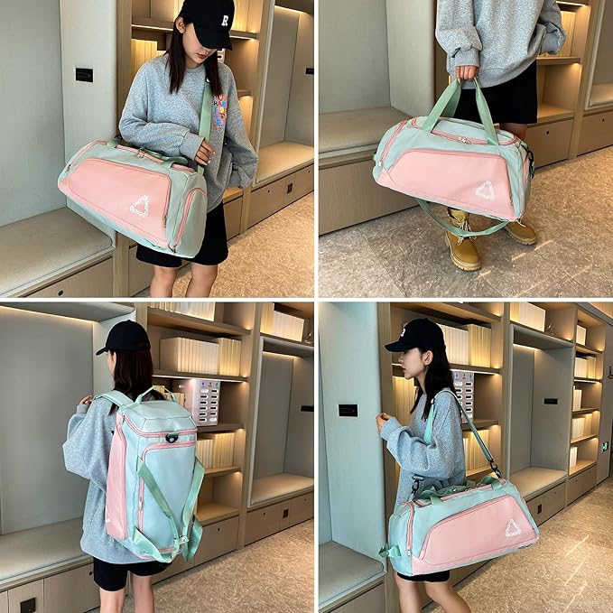 Eslcorri Gym Duffle Bag for Women Men, Sports Backpack with Wet & Shoe Compartment, Fitness Overnight Weekender Bag for Yoga, Swim, Travel (C, GreenPink)
