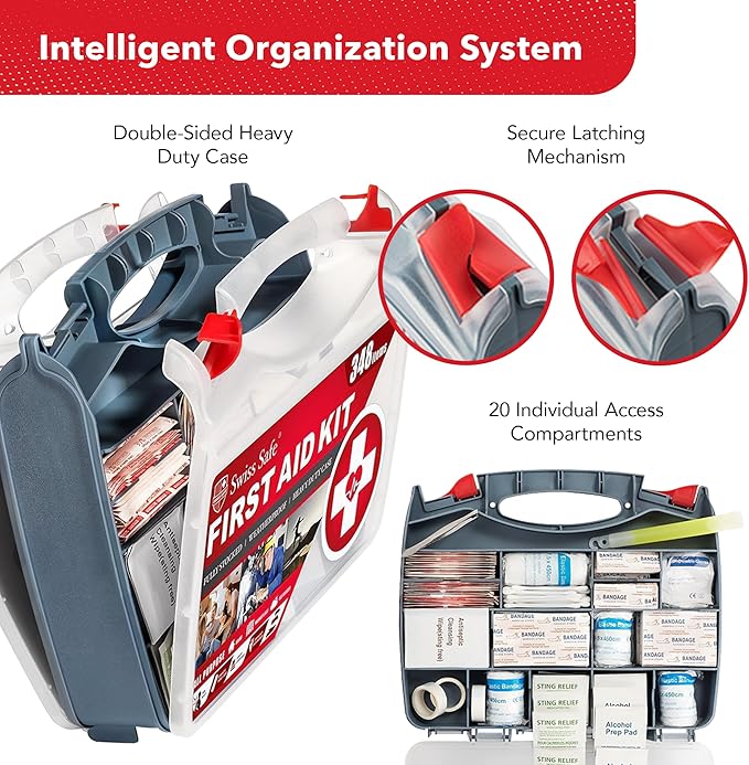 Swiss Safe 2-in-1 First Aid Kit for Car, Travel & Home, Businesses - Bonus Mini Kit for Medical Emergency Aid, Survival, Camping - FSA & HSA Eligible - 348 Pcs, Large Hardcase FAK