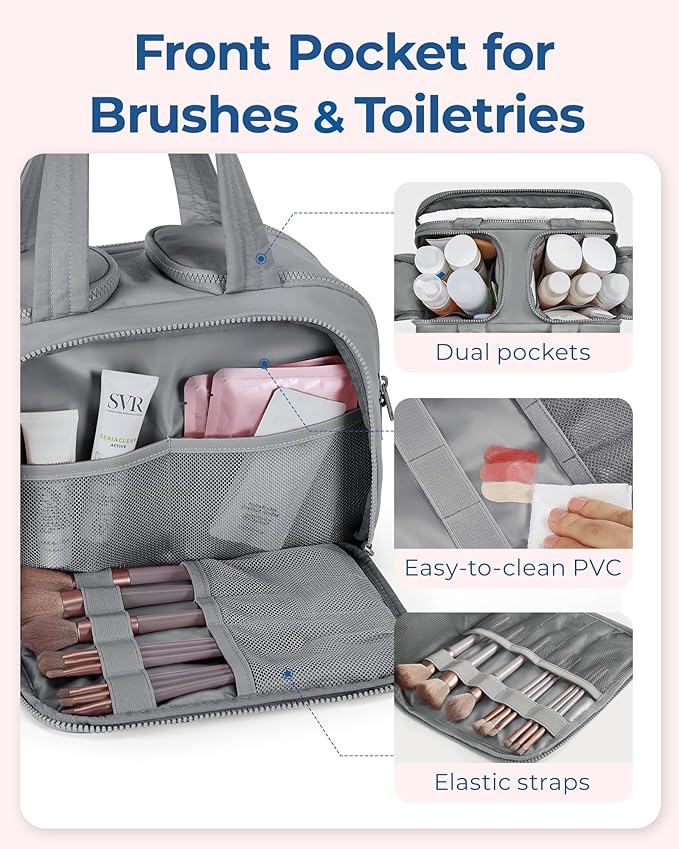 BAGSMART Travel Toiletry Bag, Lightweight Large Wide-open Travel Bag for Women, Puffy Cosmetic Makeup Bag Organizer with Handle for Accessories,Essentials, Toiletries, Grey
