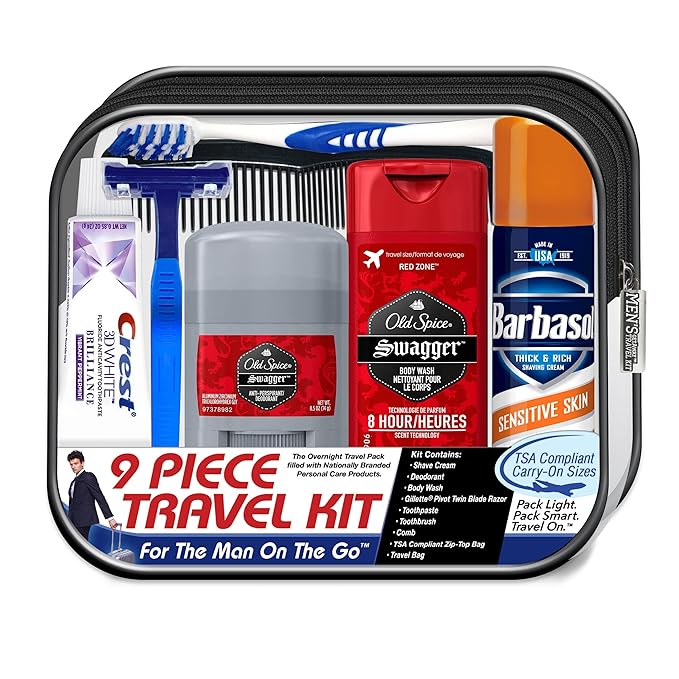 Convenience Kits International Men's Deluxe, 9-Piece Kit with Travel Size TSA Compliant Essentials , Featuring: Old Spice Products in Reuseable Toiletry Bag