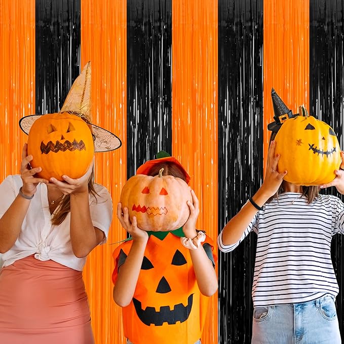 2 Pack Halloween Photo Backdrop, 3.28 FT x 7.05 FT Orange and Black Party Streamer, Metallic Foil Fringe Curtains Tinsel Backdrop, Halloween Birthday Party Decorations Hanging Decor Indoor
