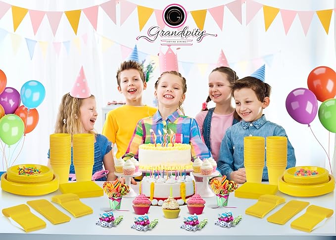 Grandipity 350 Piece Yellow Disposable Dinnerware Set, Includes 50 of Each: 9" Dinner Plates, 7" Dessert Plates, 12oz Cups, Paper Napkins, Forks, Knives & Spoons