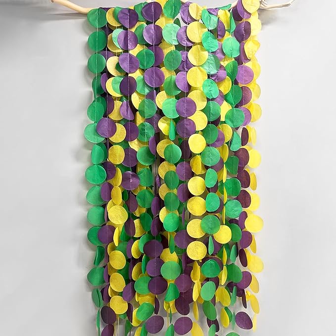 205 Ft Mardi Gras Party Decorations Purple Green Yellow Circle Dot Backdrop Garland Tissue Paper Polka Dots Hanging Streamer for Mardi Gras Birthday Wedding Baby Shower Masquerade Party Supplies