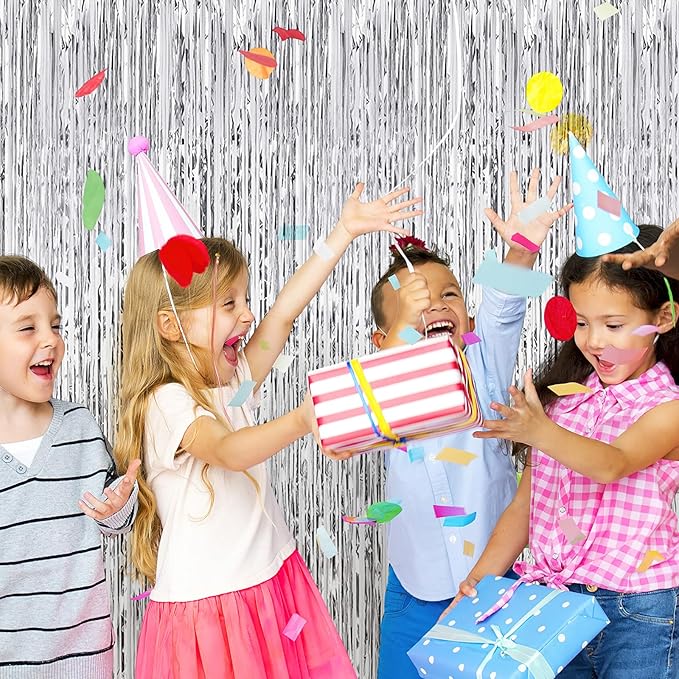6 Pack Silver Foil Curtain Backdrop 3.2ft x 6.6ft Metallic Tinsel Fringe Backdrop Curtains Streamer Photo Booth Backdrop for Birthday Engagement Bachelorette Christmas Holiday Party Decorations