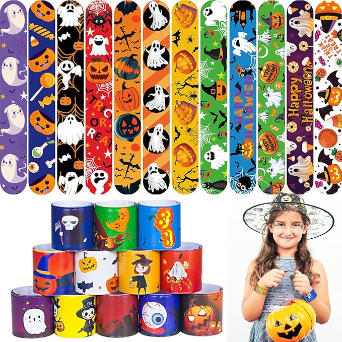 48 Pcs Halloween Slap Bracelets, 12 Styles for Halloween Party Favors, Assorted Bulk Pumpkin Zombie Witches Snap Bracelet Wristbands for Kids Halloween Party Gift Bag Filler Supply
