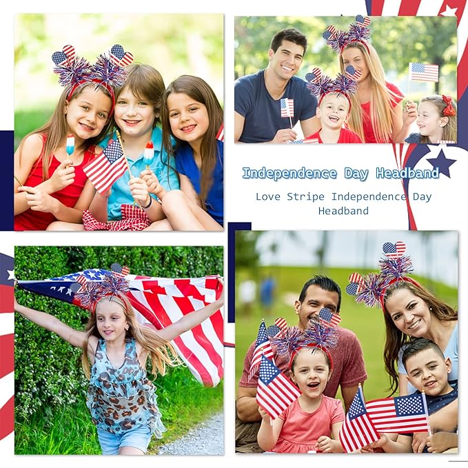 4th of July Headband Independence Day Hair Accessories Patriotic Party Hair Supplies American Flag Love Heart Design Blue Red Ribbon Hair Decoration Cute Hair Hoop for Women Girls Kids 1 Pcs