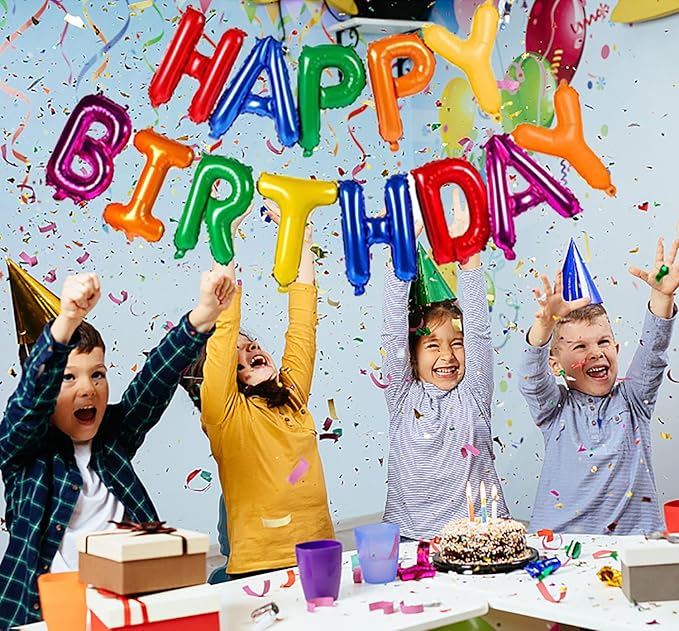 KALOR Rainbow Happy Birthday Balloons Banner,16 Inch Mylar Foil Letters Sign,Reusable Balloons for 30th 40th 50th 60th Birthday Party Decorations
