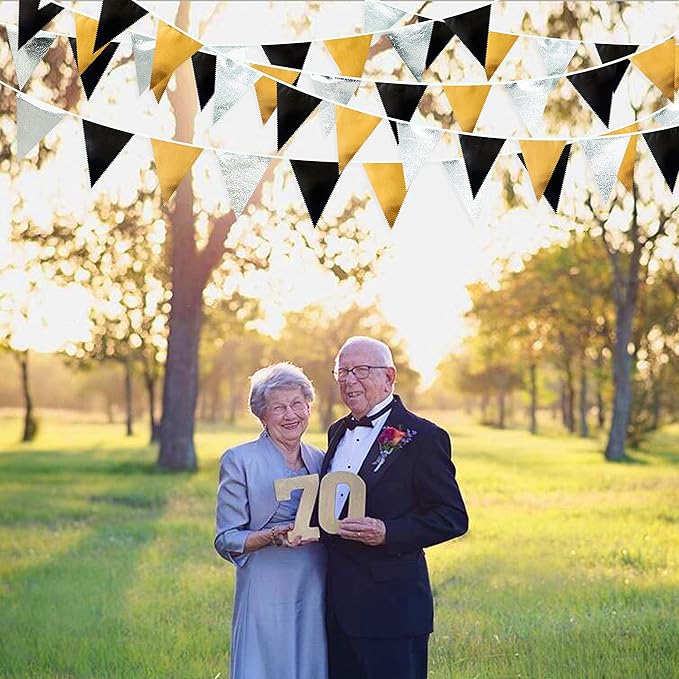 Black Gold Silver Party Decoration Triangle Pennant Banner Flag Metallic Fabric Bunting Garland for Birthday Graduation Anniversary Wedding Bridal Shower Bachelorette Engagement Disco Party Supplies