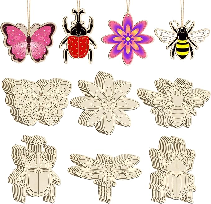 36PCS Wooden Spring Ornaments to Paint, 6 Styles DIY Blank Unfinished Wood Flower Cutouts Butterfly Ornament for Crafts Hanging Decorations, Cute Bee Flower Shape Home Decorations Gifts