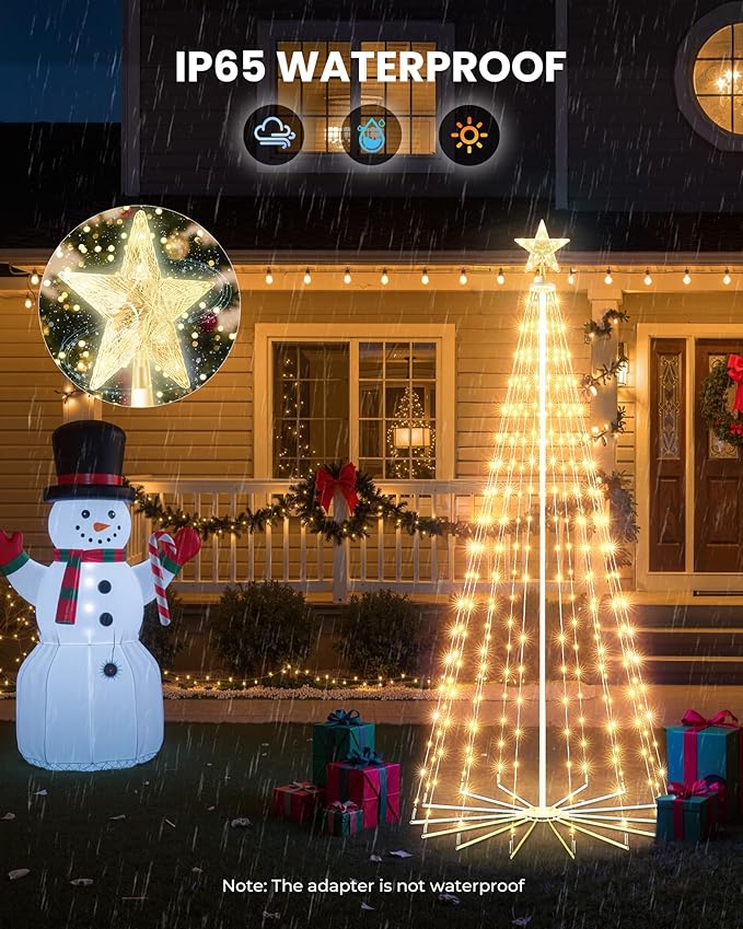 Outdoor Christmas Cone Tree Light, 12 Feet 1070 LEDs Outdoor Lightshow with Star Topper, Artificial Christmas Tree for Yard Square Plaza Christmas Decorations, Warm White