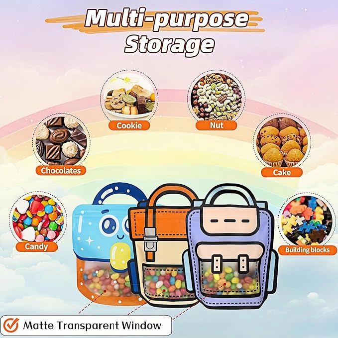 PABCK 30 Pack Plastic Gift Bags Cartoon Goodie Bags 9.45x11.02 inch Backpack-shaped Candy Packaging Bag with Handle Resealable Treats Birthday Party Favor Stand Up (10 Blue,10 Purple and 10 Orange)