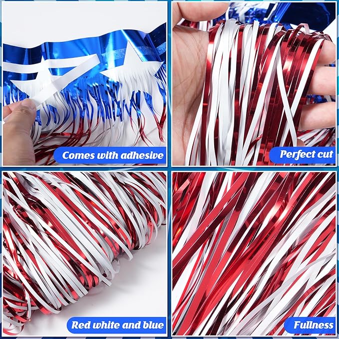 6Pack 60ft 4th of July Decorations Banner USA Stars Foil Fringe Garland Tinsel Streamers Red White and Blue Flag for Independent Memorial Veterans Day Patriotic Party USA 250 Anniversary Decorations