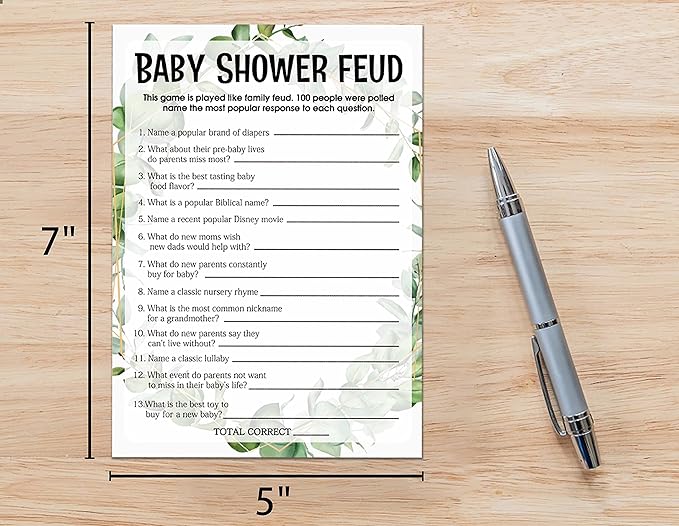 Baby Shower Game Cards, Baby Shower Feud Game, Tropical Jungle Theme Party Cards for Gender Neutral Boys or Girls, Set of 30 (Green004)