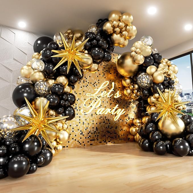 FOTIOMRG Black and Gold Balloons Garland Arch Kit, 5 10 12 18inch Black Gold Confetti Latex Balloons for 2025 Graduation New Year Anniversary Birthday Party Decorations