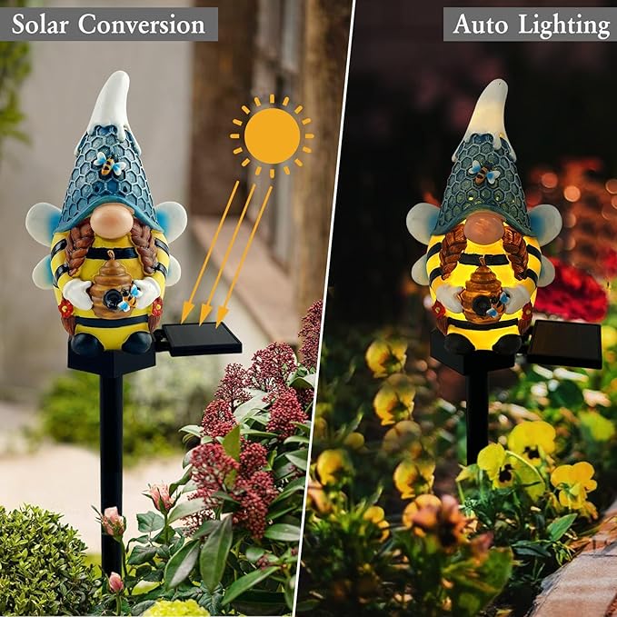 Solar Gnome Garden Lights, Outdoor Gnome Statue with Bees & Honey Jars, Solar Powered Fairy Garden Lights Gnome Decorations for Home Outside Yard Lawn Patio Gnomes Gifts (Bee)