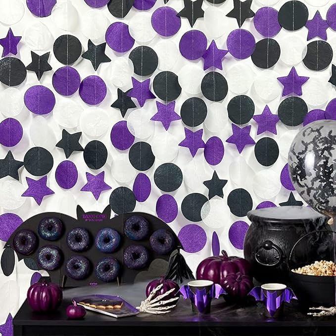 173 Ft Purple Black and White Party Decorations Big Star Circle Dot Backdrop Streamer Garland for Graduation Birthday Bachelorette Engagement Wedding Bridal Shower Baby Shower Halloween Party Supplies