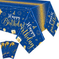 Tudomro 3 Pcs Happy Birthday Tablecloths Happy Birthday Party Decorations Plastic Table Cover Rectangular Cloths for Women Men Baby Shower Party Supplies, 108 x 54 Inch (Blue Gold)