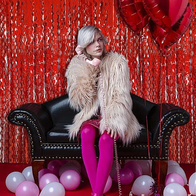 Red Tinsel Foil Fringe Curtains Wavy Backdrop for Parties Sparkle Metallic Wavy Foil Fringe Backdrop Curtain for Party Decorations Photo Booth Props Birthday Graduation Wedding Valentines Decor
