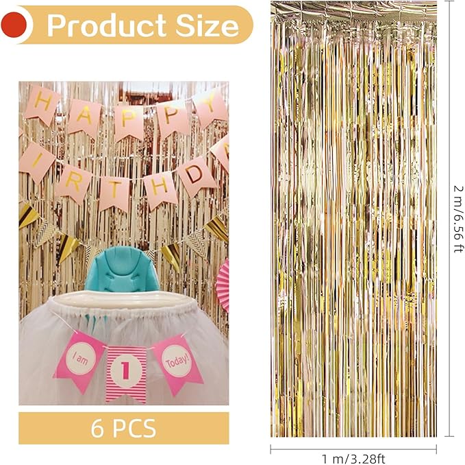 6 Pack Champagne Gold Foil Curtain Backdrop 3.2ft x 6.6ft Metallic Tinsel Fringe Backdrop Curtains Streamer Photo Booth for Birthday Engagement Bachelorette Christmas Holiday Party Décor