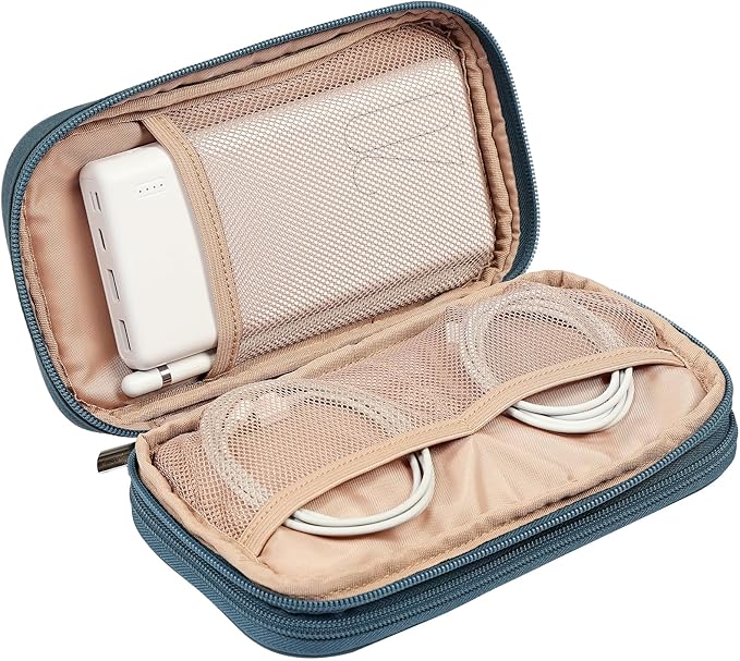 NISHEL Travel Cord Organizer Case, Double Layers Tech Electronic Bag, Essentials for Charger, Cable, Phone, Flash drive, Medium, Lake-Blue
