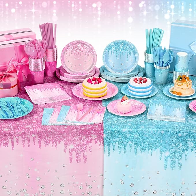452 Pcs Gender Reveal Party Supplies Boy or Girl Party Decoration, Glitter Pink and Blue Paper Plates Napkins Cups Tablecloth Cutlery Straw for Baby Shower Birthday, Serves 50