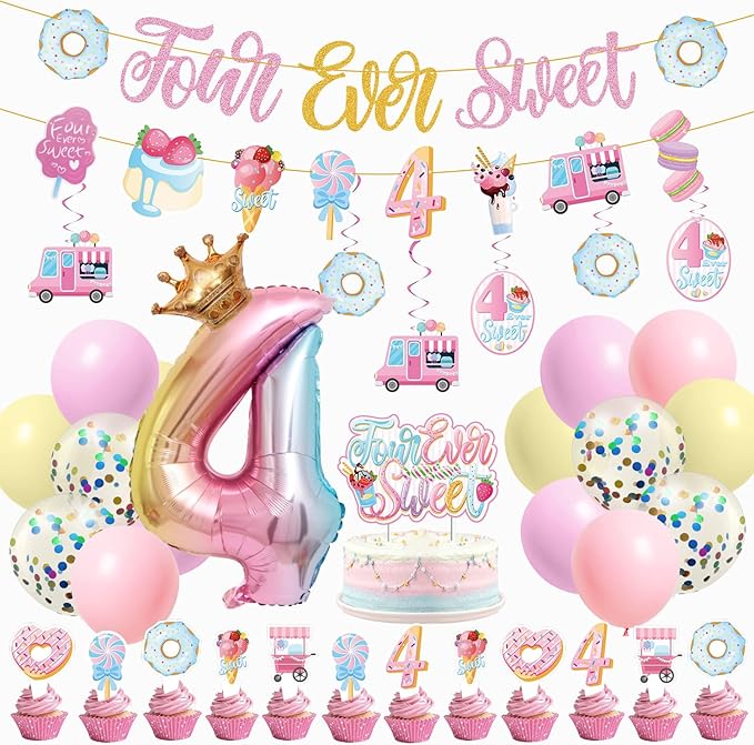 Four Ever Sweet Ice Cream Birthday Party Decorations with Donut Banner, Ice Cream Cake Toppers, Foil Balloon Arch for 4 Year Old Macaron Party Supplies