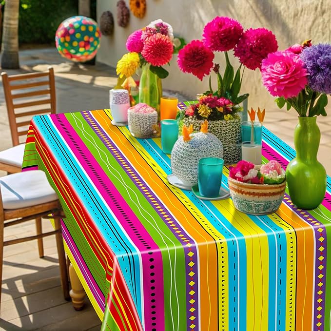 6 Pcs Mexican Party Decorations, 54"X108" Disposable Fiesta Tablecloths, Colorful Mexican Striped Tablecover Plastic Tableware Fiesta Decor for Cinco De Mayo, Taco Night, Mexico Themed Party Supplies