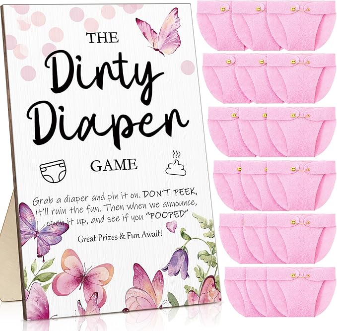 Roowest 51 Pcs Dirty Diaper Baby Shower Games Funny Wooden Sign with 50 Pcs Mini Diapers Cute Felt for Gender Reveal Party Baby Shower(Pink Butterfly)