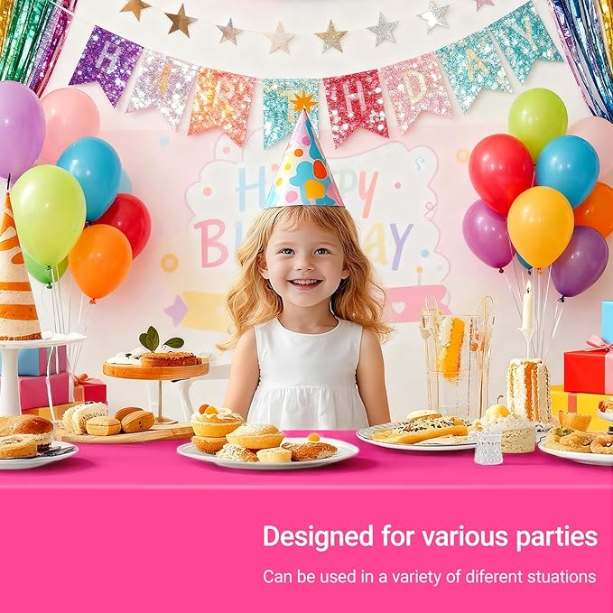 MRJ 4 Pack Hot Pink Disposable Table Cloth 54 x 108 Inch Rectangle Tablecloths for Birthday Party Decorations Plastic Table Cover