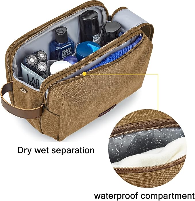 BAGSMART Toiletry Bag for Men, Canvas Travel Toiletry Organizer Dopp Kit Water-resistant Shaving Bag for Toiletries Accessories,Khaki-Large