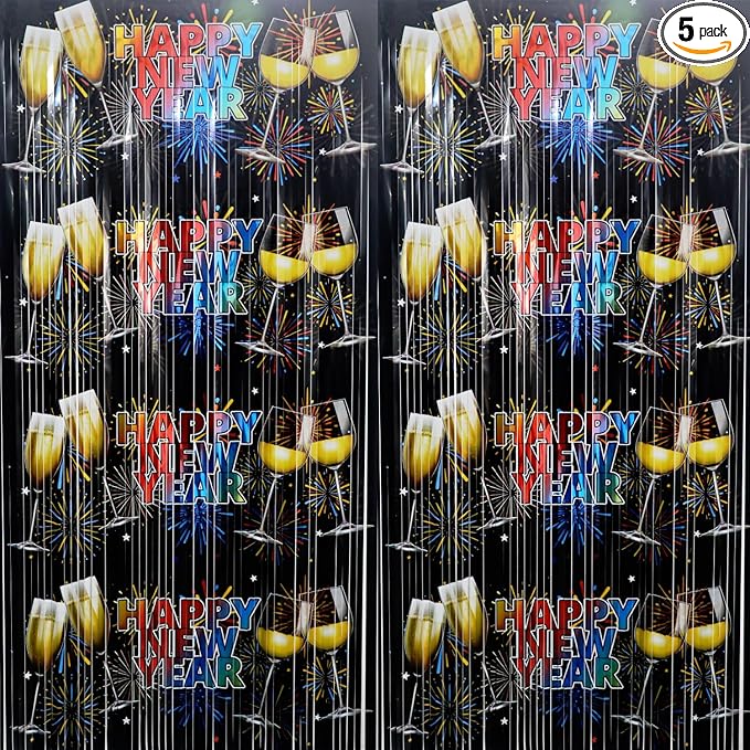 GOER Foil Curtain Backdrop for New Year Eve Party Decorations| Metallic Tinsel New Year Theme Photo Booth Props (5 Pcs)