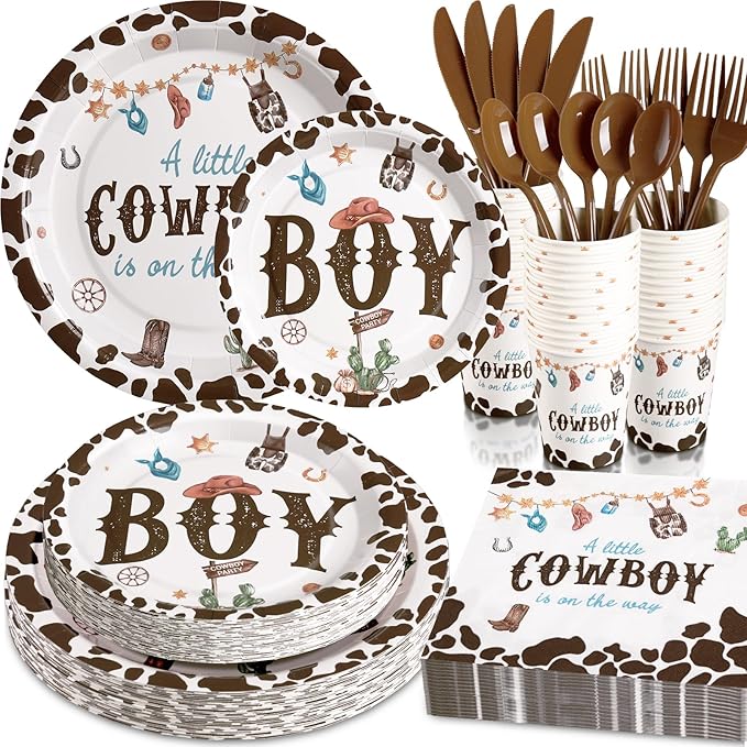 168 Pcs Cowboy Baby Shower Decorations, A Little Cowboy is on the Way Boy,Baby Boy Shower Plates and Napkins Sets Serves 24, Western Baby Shower Decorations, Its A Boy, Brown