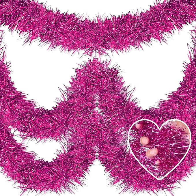 25 Feet Christmas Tinsel Garland, Metallic Twist Garland Wall Hanging Tinsel Garland Backdrop for Parade Floats, Carnival, Birthday, Wedding, New Year Party Decorations (Fuchsia, 4in x 25ft)