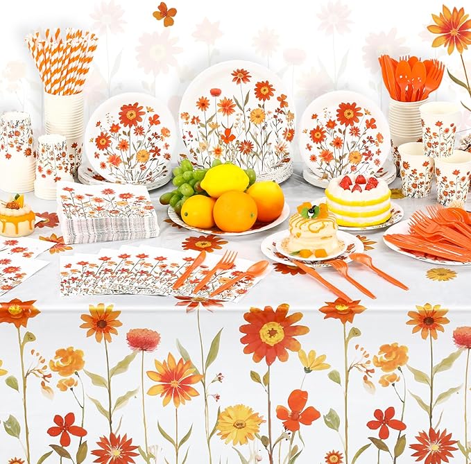 452 Pcs Fall Floral Party Supplies Orange Wildflower Tableware Set, Fall Floral Paper Plates Napkins Cups Tablecloth Cutlery Straw for Thanksgiving Autumn Harvest Wedding Birthday Decoration
