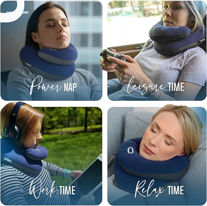 BCOZZY Travel Neck Pillow for Airplane – Patented Double Support for Head, Neck, and Chin. Best for Long Flights, Plane Sleeping & Car Rides. Adjustable Size. Fully Washable. Carry Bag. X-Large, Black