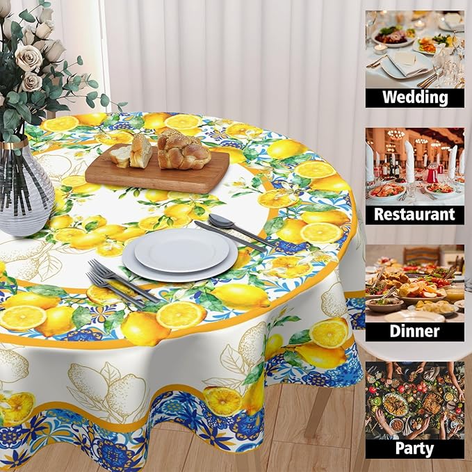 Lemon Round Tablecloth 60 Inch Yellow and Blue Circle Table Cloth Summer Holiday Table Cover Washable Polyester Decorations for Season Home Kitchen Dinning Party