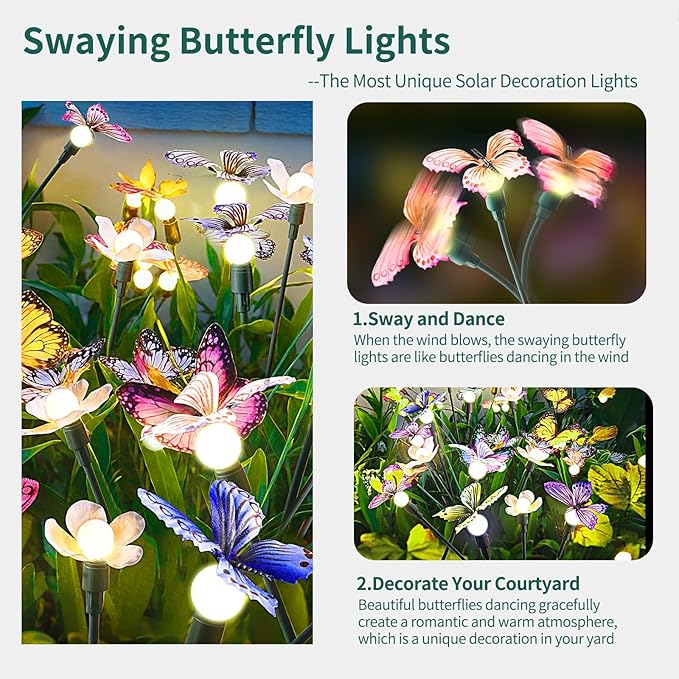Solar Garden Lights,4packs-32LED Outdoor Solar Powered Decor for Yard, Patio, Pathway, IP65 Waterproof Butterfly Lights