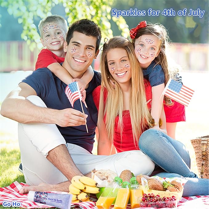 Go Ho 4th of July Outfits for Women,Red White and Blue Face Body Glitter Gel,9 PC Necklaces,3 Pairs Star Sunglasses and 6 PC Rubber Bracelets Wristbands Set for USA Patriotic Outfits Makeup