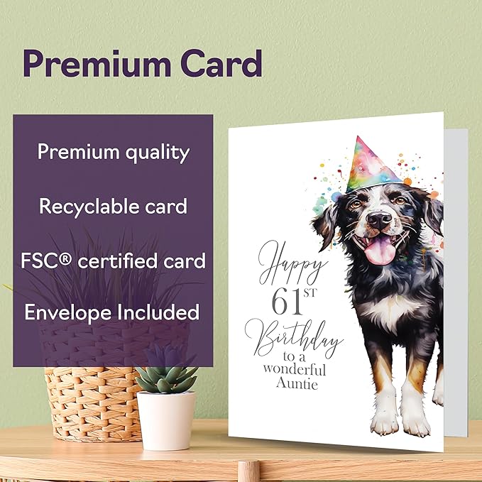 61st Birthday Cards for Auntie - Party Dog - Happy Birthday Card for 61 Year Old Aunt from Nephew Niece, 5x7 Inch Bday Women Woman Her Greeting Cards Gift for Aunty Birthday Gifts