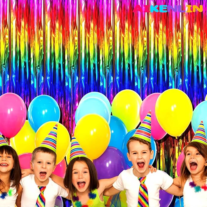4 Pack 3.2Ft x 8.2Ft Rainbow Foil Fringe Curtain Backdrop, Metallic Tinsel Foil Fringe Streamers Curtains Background for Photo Booth, Birthday, Wedding, Disco, Bachelorette, Christmas Party Decoration