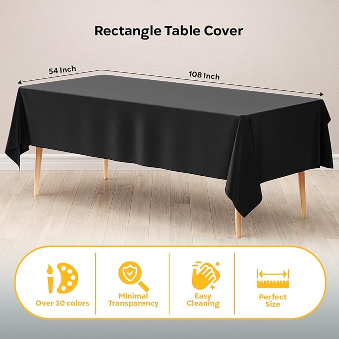 Exquisite 12-Pack Plastic Tablecloth 54x108 Rectangle Value Pack Plastic Table Cover - Black