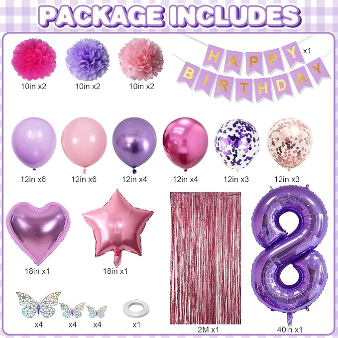 Pink Purple 8th Birthday Party Decorations for Girls Number 8 Balloon Happy Birthday Banner Butterfly Stickers Fringe Curtain Paper Pom Poms Metallic Hot Pink Star Foil Balloons 8 Year Old Princess