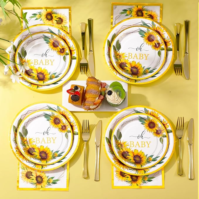 168Pcs Sunflower Baby Shower Decorations for Girl, Baby Shower Plates and Cups and Napkins Sets, Sunflower Plates Serve 24, Baby In Bloom Yellow Oh Baby Party, Easter Spring Summer Fall Party