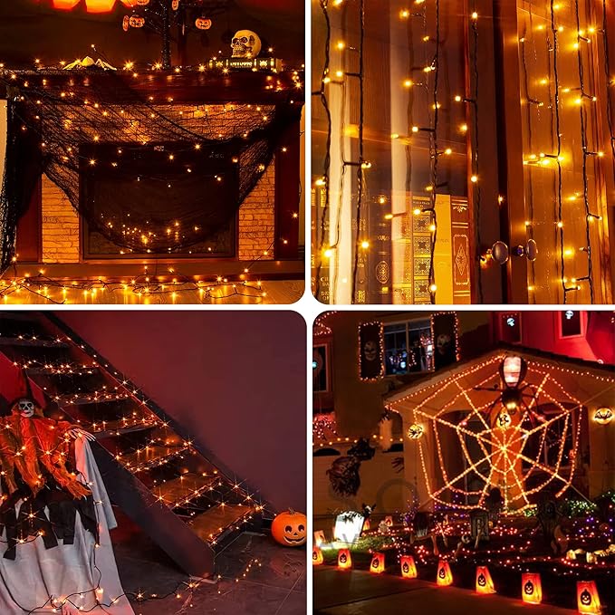 Weillsnow Orange Halloween Lights, 66FT Plug-in Waterproof String Lights, 8 Modes with Memory for Indoor/Outdoor Garden Decorations
