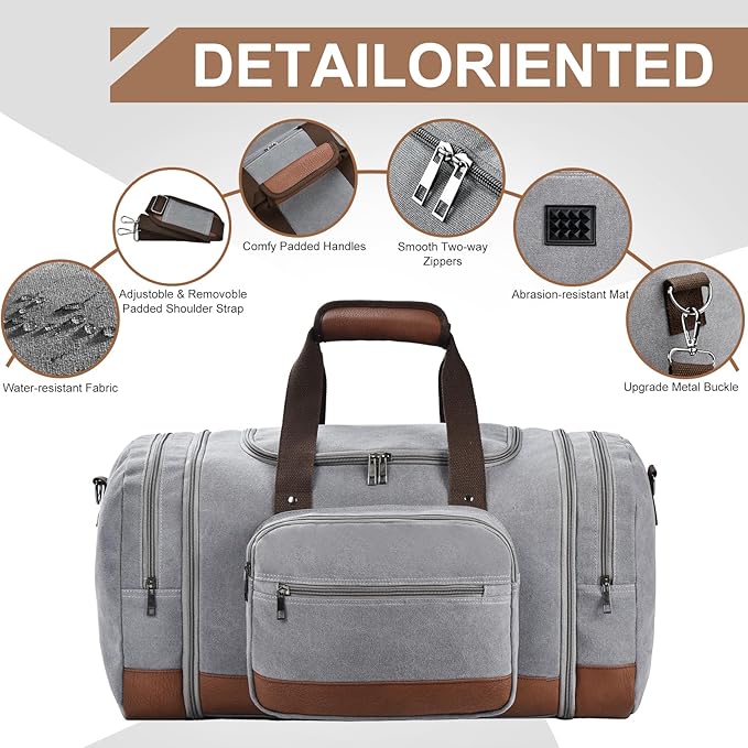 Litvyak Duffle Bag for Travel, Large 60L Canvas Travel Duffel Bags Overnight Weekend Gym Carry On Luggage Bag for Men & Women(Grey)