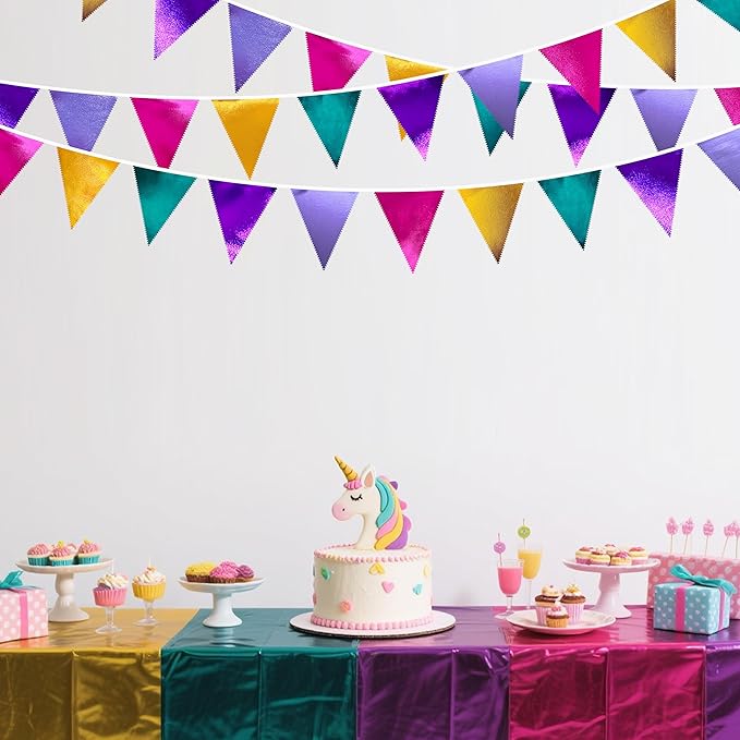 Colorful Party Decorations Hot Pink Teal Purple Metallic Fabric Triangle Pennant Banner Flag Bunting for Fiesta Carnival Rainbow Multi-color Birthday Wedding Baby Shower Holiday Outdoor Party Supplies
