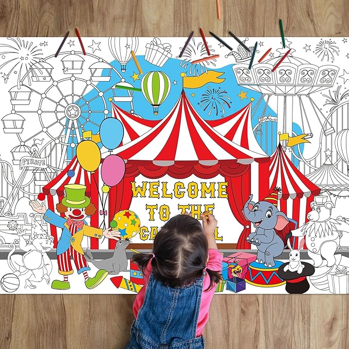 ZOIIWA Circus Carnival Coloring Poster for Kids Giant Large Circus Carnival Coloring Poster Jumbo Huge Tablecloth for Kids Classroom Home Birthday Party Supplies Favor 31.4 x 43.3 Inch