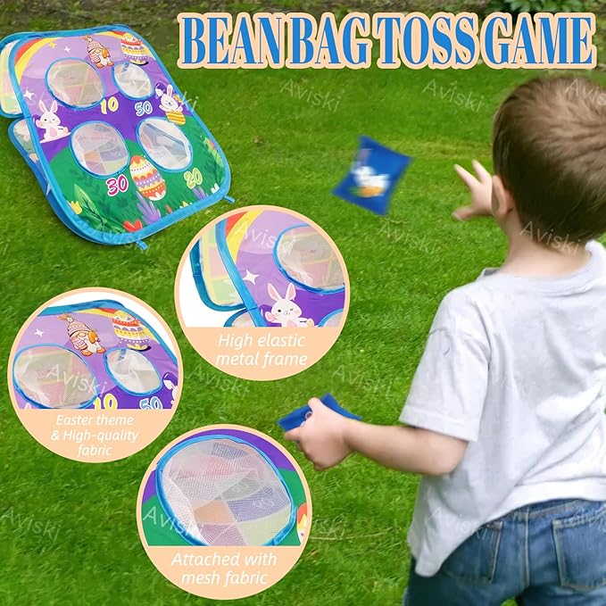 Easter Party Games for Kids, Bean Bag Toss Games Outdoor with Bunny Egg Chick Pattern and Scores, Easter Games and Yard Outdoor Indoor Activities for Family Gathering Toss Game